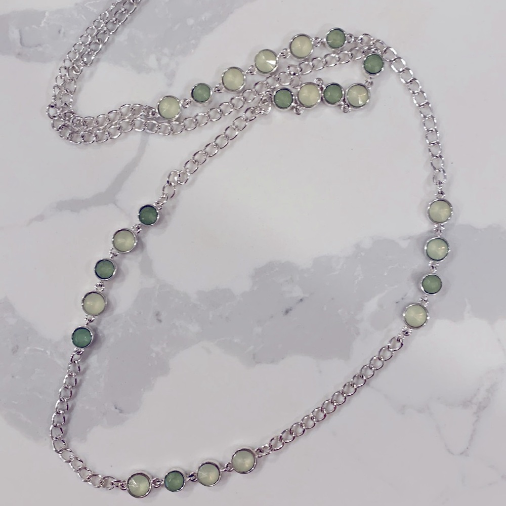 Chicos Fiesta Green Silver Tone Long Necklace